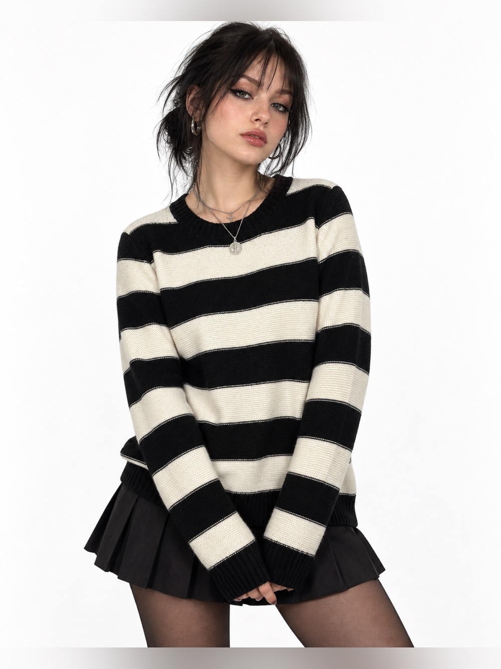 Rocorose Black Ivory Striped Knit Sweater Y2K Preppy Large